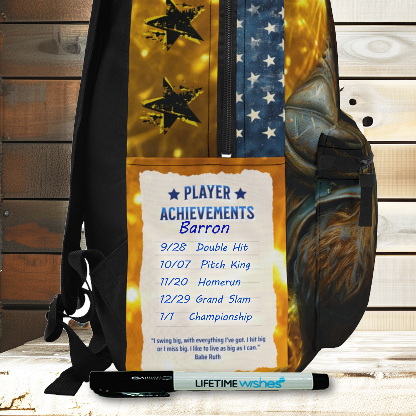 Baseball 'Golden Glove Bear' Write & Wear Personalized Inspiration Backpack, Babe Ruth Quote, back to school, baseball gift, travel bag