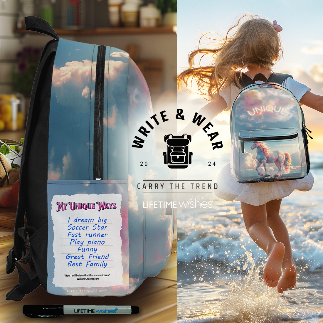 The "Unique" Write & Wear Inspiration Backpack w/ space to personalize one's unique traits, Shakespeare Quote, back to school, gift for her